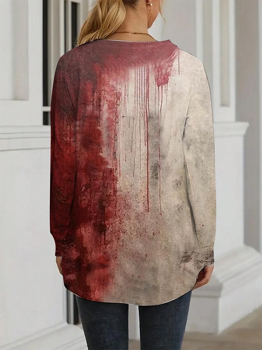Femmes Chemise Bloc de Couleur Lettre Abstrait Occasionnel manche longue Col en V Hauts Réguliers Halloween Quotidien Imprimé Rouge Printemps Automne & Hiver de 2025 ? $23.99 –P2
