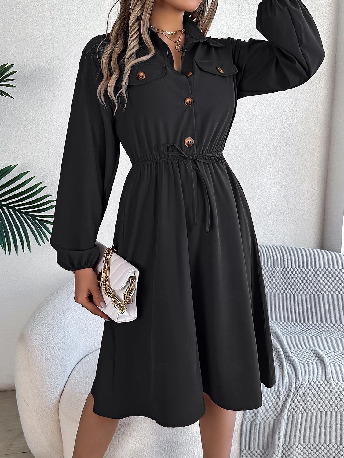 Damen Arbeitskleidung A Linie Kleid Modisch Täglich Arbeitsmode Bischof Midikleid Gefaltet Taste Hemdkragen Langarm Glatt Regular Fit Schwarz Wein Khaki Frühling Herbst S M L XL 2025 - $28.99 –P5