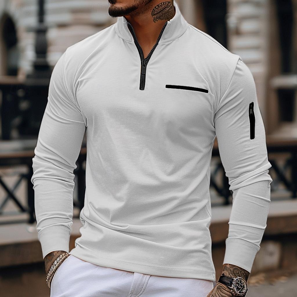 Homens Camiseta Polo Moletom Esportes Roupa Diária Quarter Zip Manga Longa Moda Confortável Tecido Bolsos Zip Up Primavera & Outono Normal Preto Branco Azul Marinha Laranja Camiseta Polo de 2026 por $21.99 –P4
