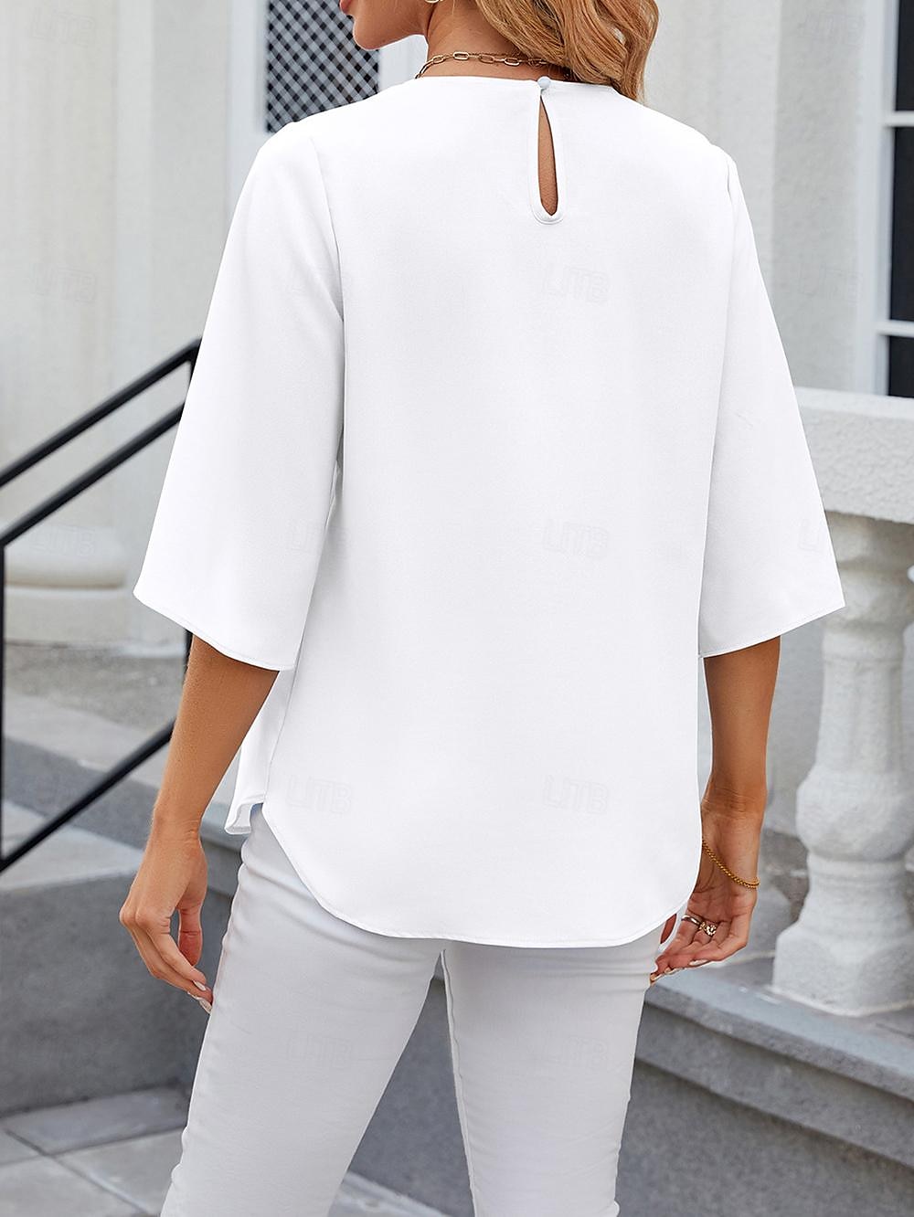 Shirt Blouse Women's White Pink Wine Plain Sexy Street Daily Fashion Round Neck Regular Fit S 2025 - $29.99 –P5