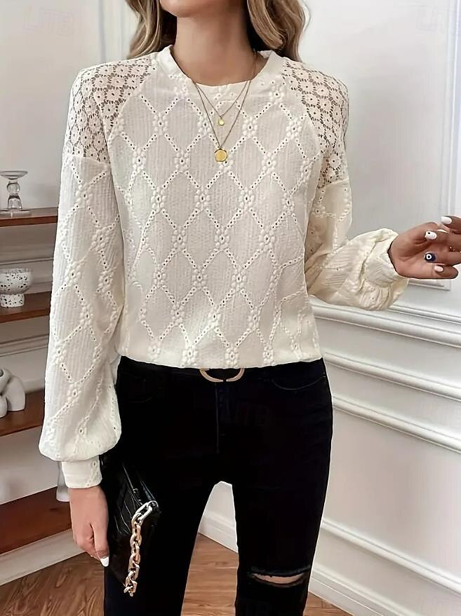 Damen Bluse Elegant Spitze Öse Langarm Rundhals Alltag Beige Sommer 2025 - $29.99 –P2