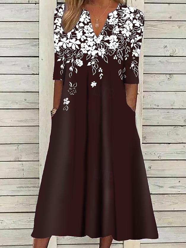Kvinnors Midi Klänning Tunika Klänning Blommig Ficka V-Hals Midi Klänning Elegant Stilig Daglig Halv Ärm Sommar Vår 2025 - $46.99 –P11