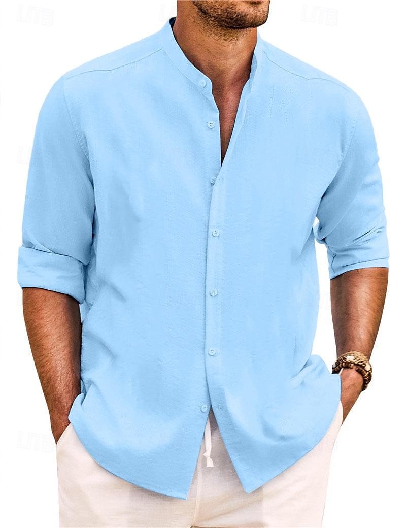 Per uomo Camicia Camicia con colletto a fascia Camicia estiva Abbigliamento mare Maglietta informale Camicia con bottoni Liscio Da mare Informale Nero Bianco Rosa Verde Manica lunga A fascia del 2025 a €21.99 –P20
