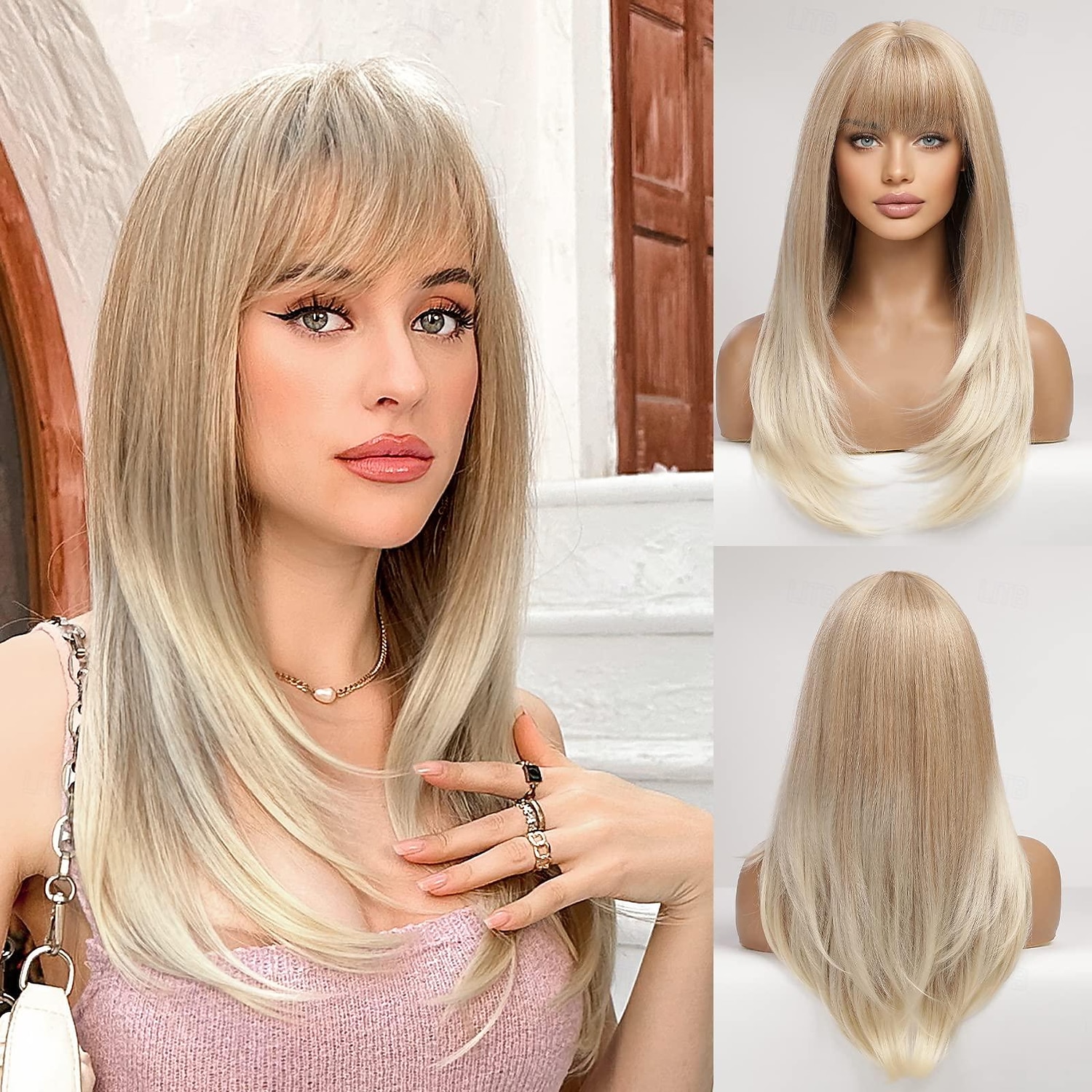 Ombre Blonde Perücke Schulterlänge – Synthetik, Natürlicher Look, Für Täglichen Gebrauch & Parties