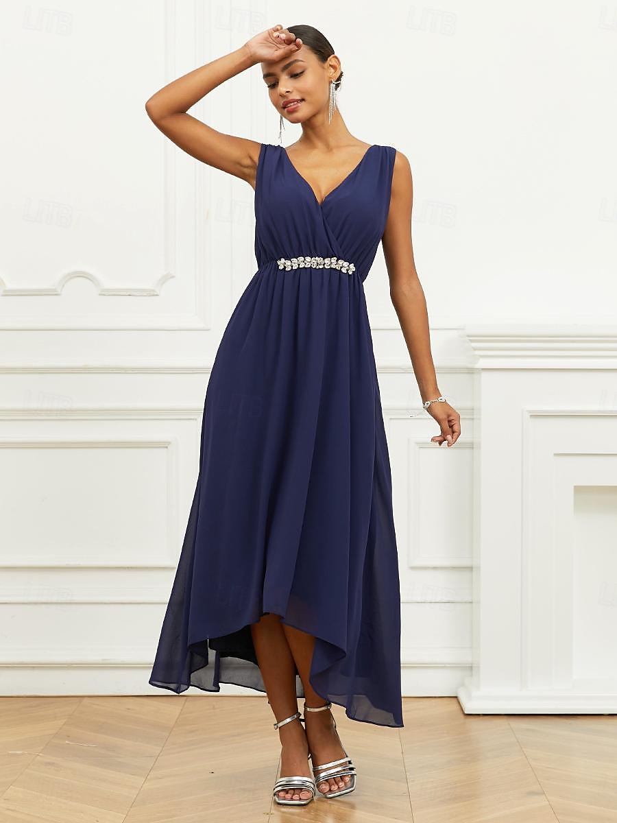 Pentru femei Rochie A line Rochie Maxi Șifon Zdrobit Niveluri Invitat la nunta Petrecere cu cocktail Elegant În V Fără manșon Bleumarin Culoare 2025 - $49.99 –P2
