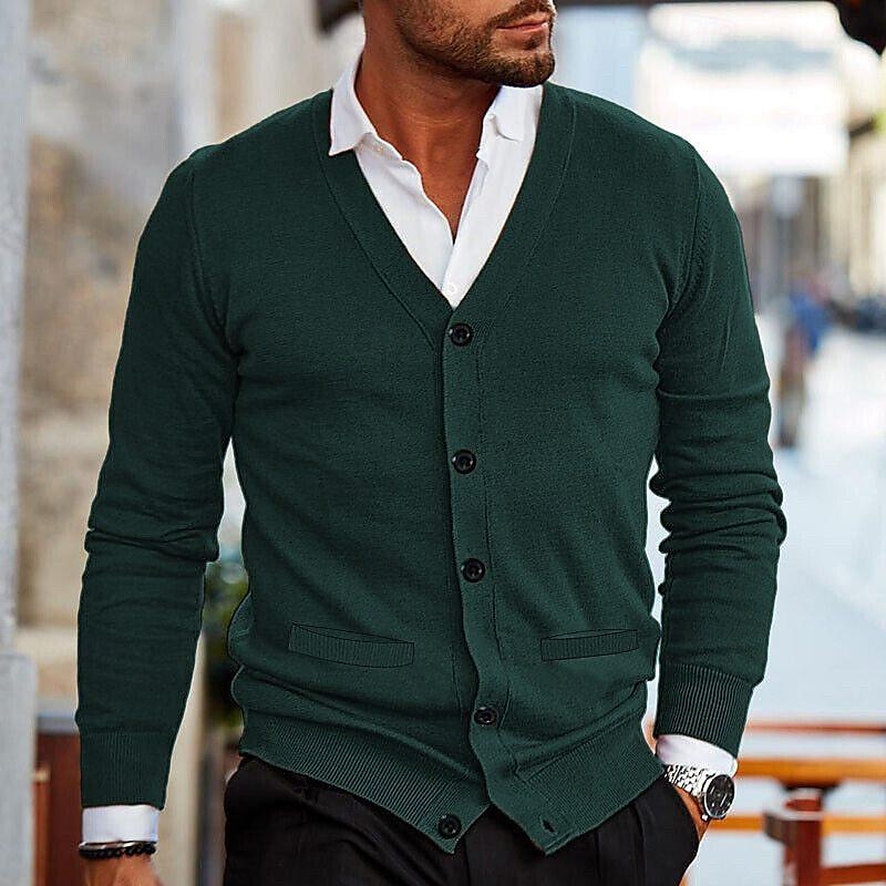 Herren Kurzer Pullover Strickjacke Strickpullover Gerippt Stricken Standard Knopf hoch Tasche Feste Farbe V Ausschnitt Modisch Klassisch Freizeitskleidung Verabredung Bekleidung Herbst Winter Weinrot 2025 - $28.99 –P2