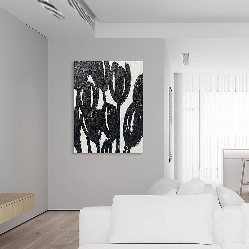 handgemaakte olieverf canvas kunst aan de muur decoratie abstracte textuur zwart-witte bloemen voor huisdecoratie gerold frameloos ongerekt schilderij 2025 - $54.99 –P3