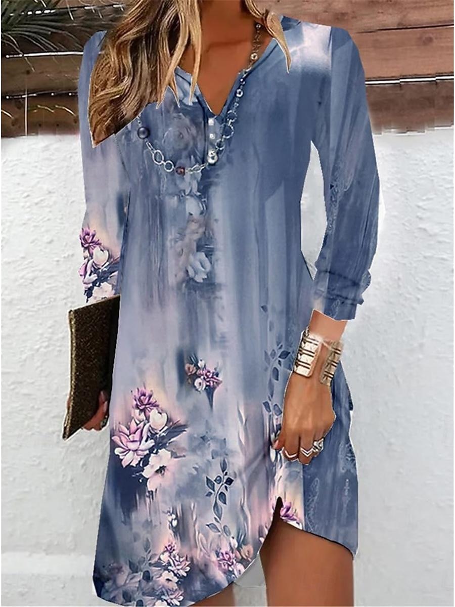 Naisten Mini mekko Rento mekko Boho-mekko Kevätmekko Tyylikäs Vapaa-aika Loma Päivittäin Deitti Normaali Kukka Pitkähihainen Halkaistu kaula Sininen Tumman vihreä Oranssi Apila Syksy 2025 - $31.99 –P3