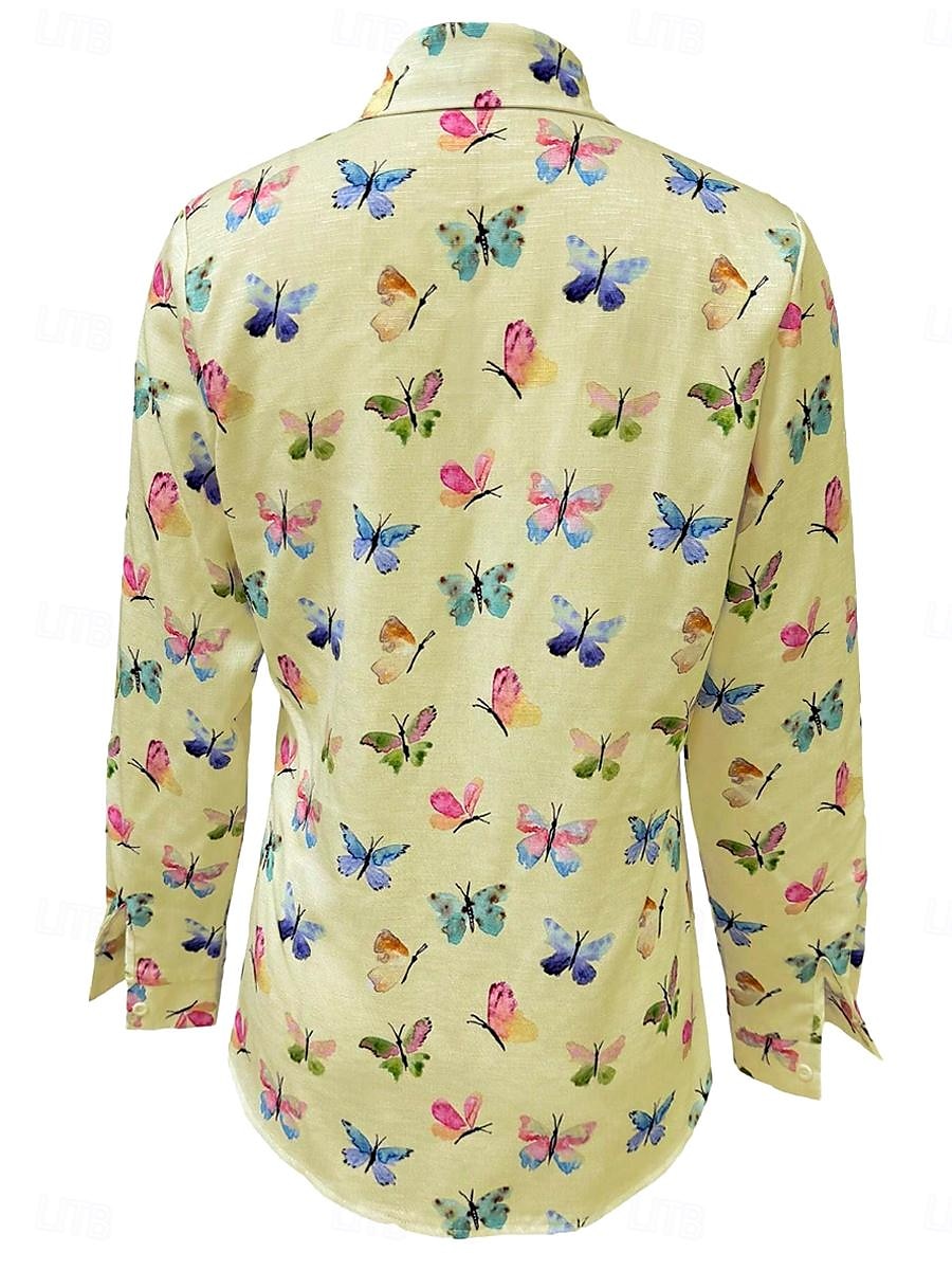 Damenhemd Langarm Knopf Bluse Elegant Stilvoll Schmetterlingsdruck Hemdkragen Alltag Weiß Gelb Frühling Herbst 2025 - $32.99 –P5