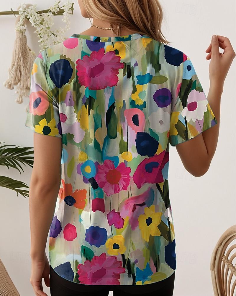 Dames T-shirt Bloemig Kleurenblok Stijlvol Casual Korte mouw Strakke ronde hals Normale tops Dagelijks Afdrukken Wit Blozend Roze blauw Groen Regenboog Zomer 2025 - $21.99 –P2