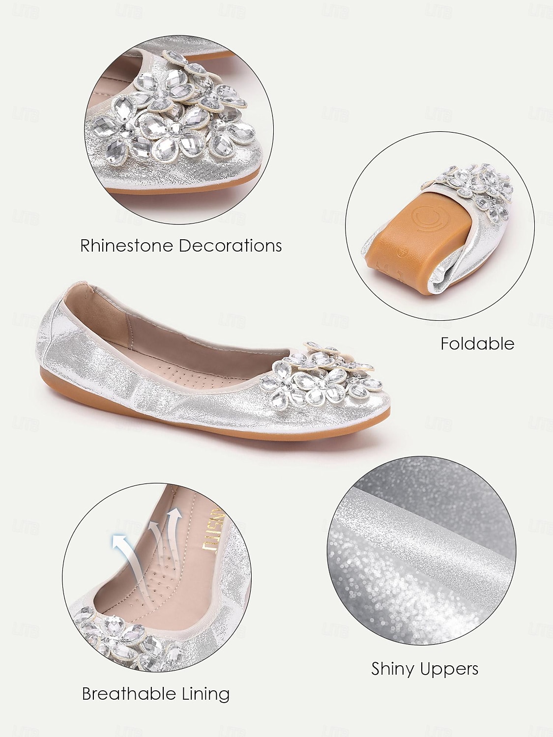 Silberne faltbare Ballerinas für Damen mit Strassverzierungen – bequeme, leichte Schuhe für Reisen, Partys und besondere Anlässe 2025 - $26.99 –P1