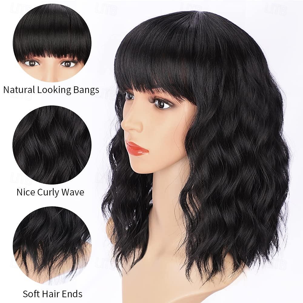 Bob encaracolado peruca sintética curta preta com franja natural olhando fibra resistente ao calor cabelo para mulher de 2025 por $14.49 –P7