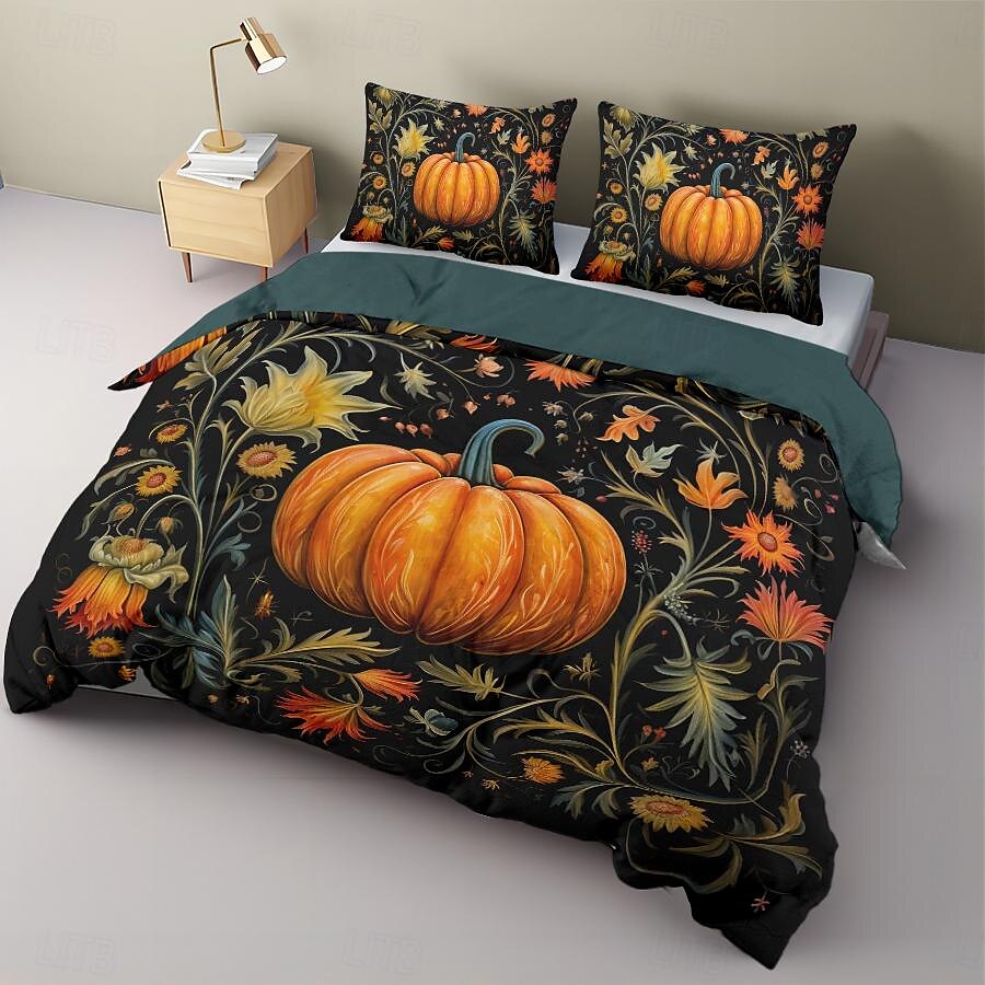 set copripiumino zucca autunnale di Halloween - include copripiumino e federe - design festoso e accogliente - tessuto morbido e confortevole - perfetto per Halloween e decorazioni autunnali per la casa del 2025 a $41.99 –P4
