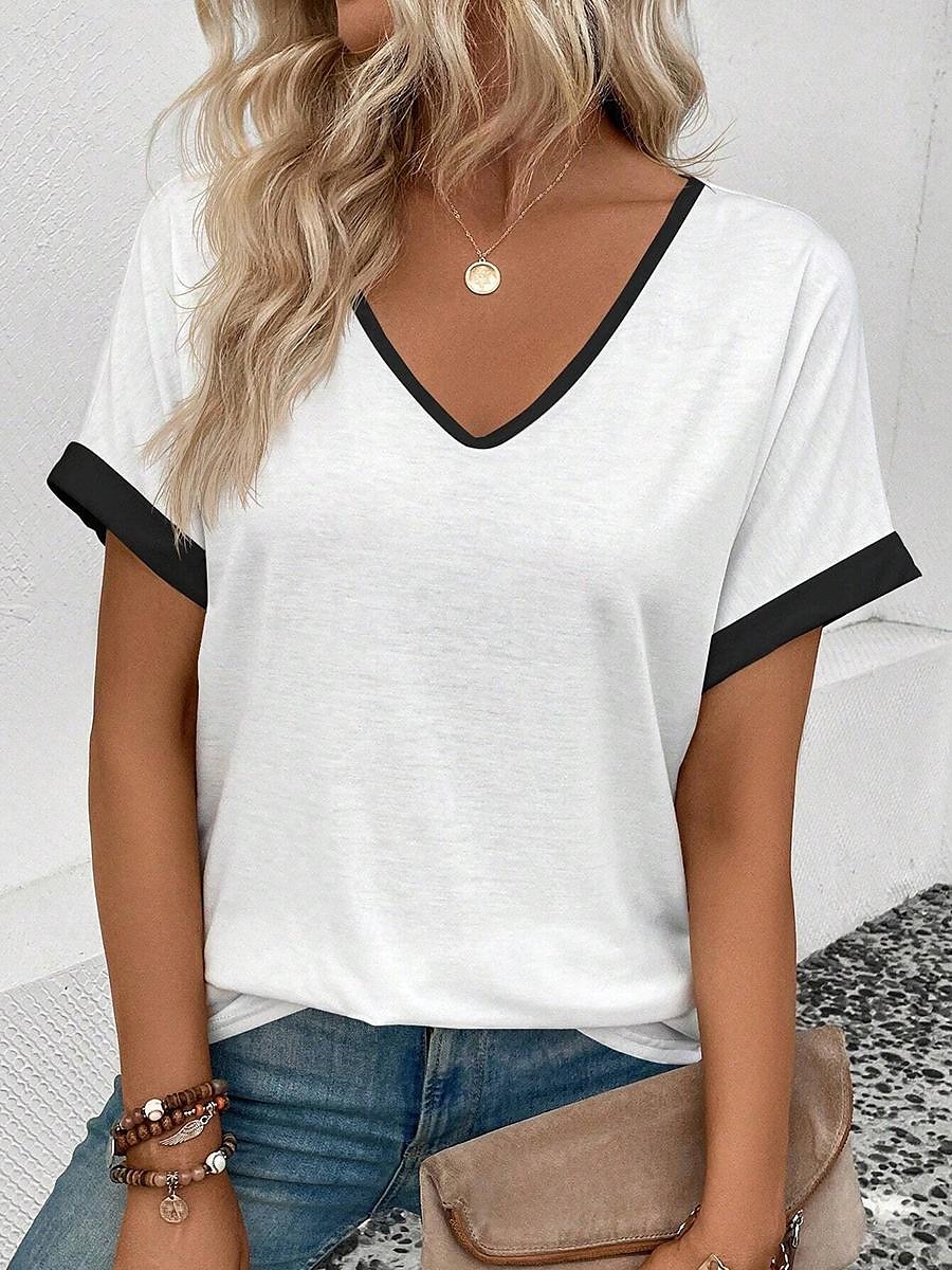 Damen T-Shirt lässig Streifendruck Kurzarm normale Oberteile V-Ausschnitt Alltag Schwarz-Weiß Sommer 2025 - $19.99 –P1
