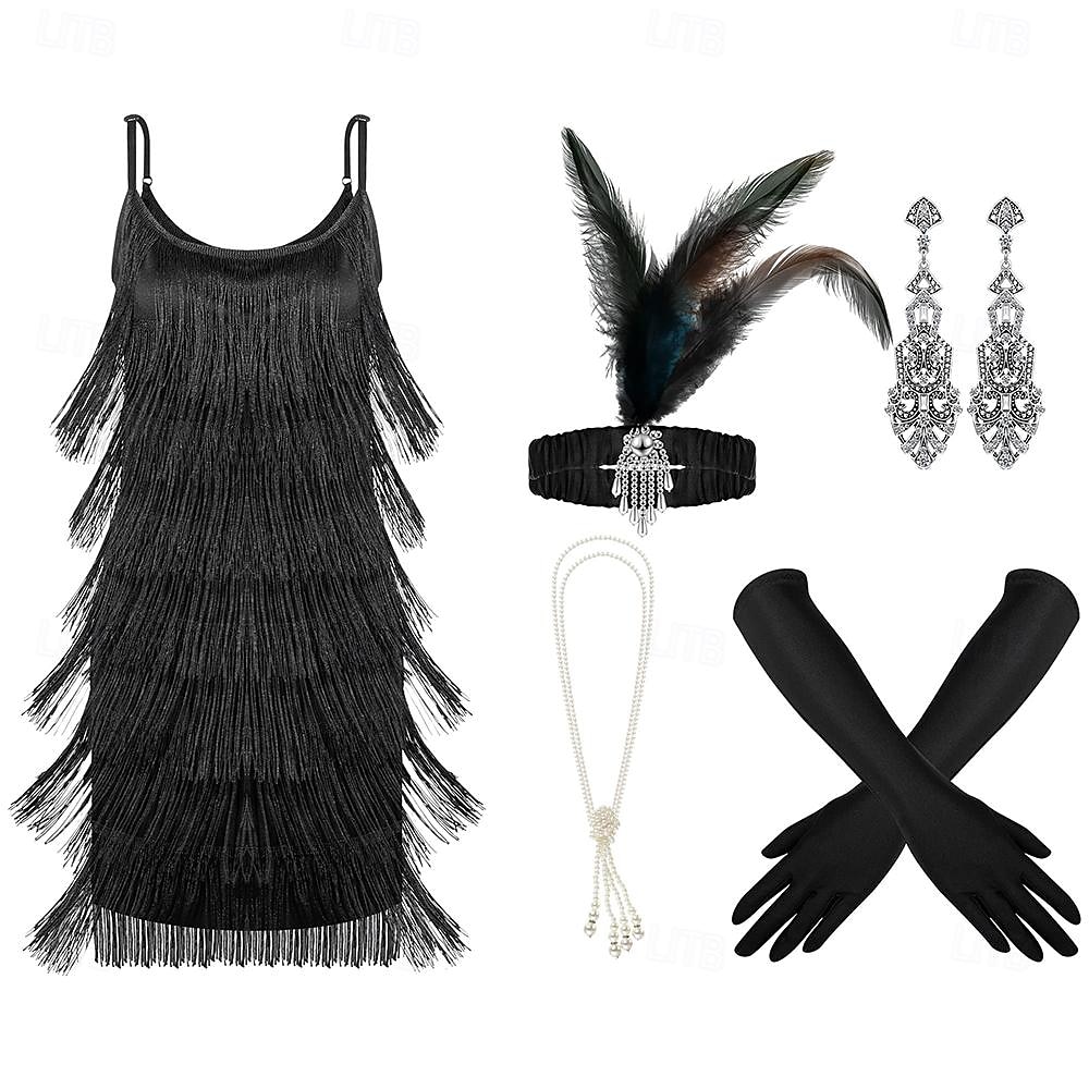 Rugido 20s 1920s Hasta la Rodilla Vestidos Vestido Flapper Accesorios Sin Mangas El gran Gatsby charlestón Invitado a la boda Borlas Pluma Camiseta con cuello redondo Disfraz Mujer Navidad Año Nuevo 2026 - $58.99 –P1