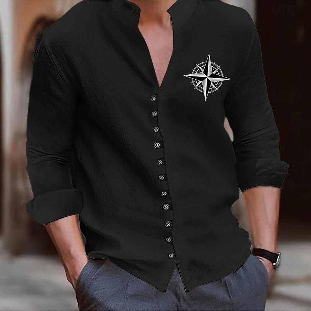 Voor heren Strand hemd Grafisch overhemd Kompas Vakantie Zakelijk / ceremonie / bruiloft Zwart Wit khaki Grijs Lange mouw Opstaande boord Lente zomer Kleding Button-omlaag 2025 - $4.59 –P1