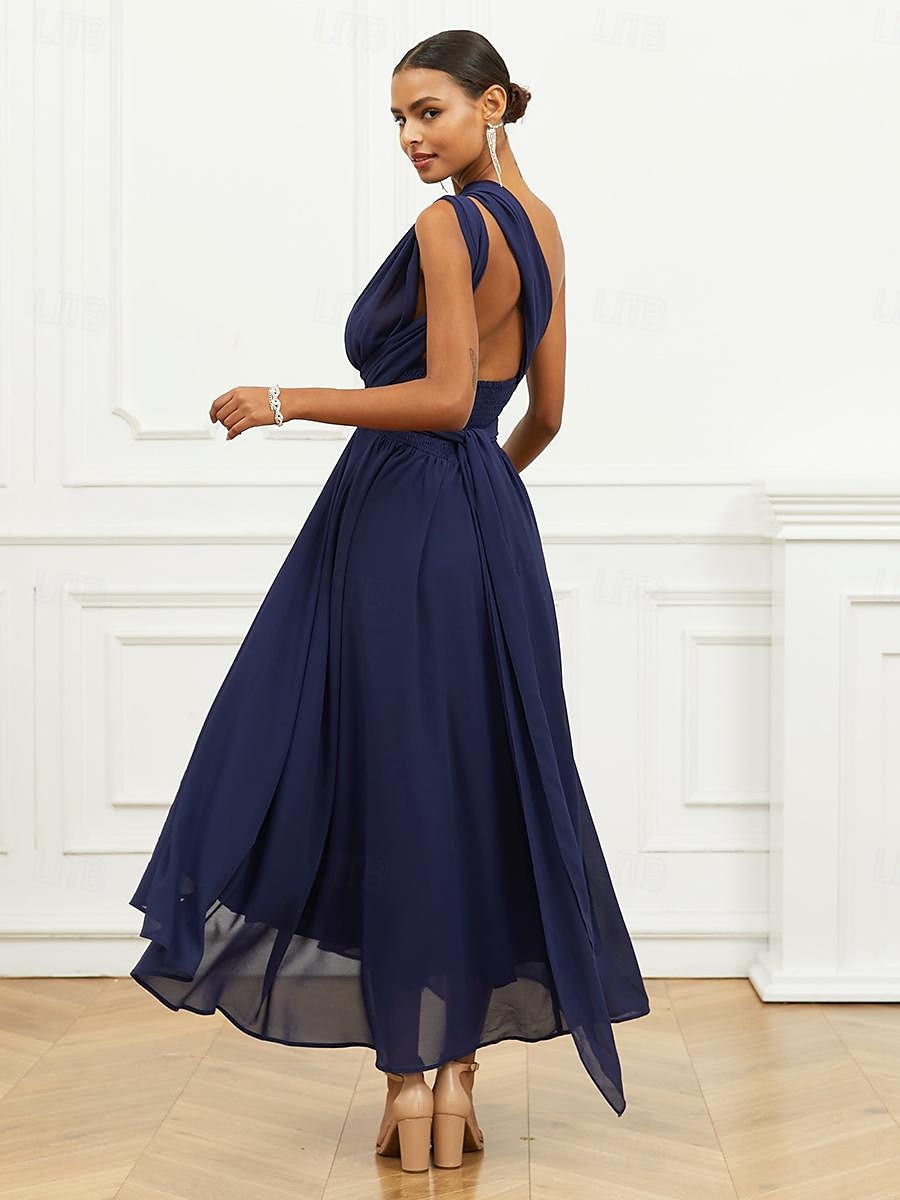 Robe Trapèze Femme Robe mi-longue Ruché Ceinturé robe demoiselle d honneur Soirée Cocktail Elégant Grande occasion Une Epaule Sans Manches Ample bleu marine S M L XL 2XL de 2025 ? $63.99 –P2