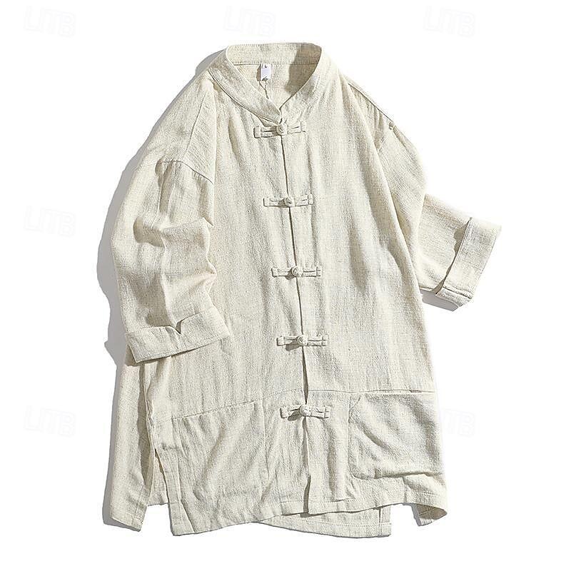 Per uomo Camicia camicia di lino Camicia con colletto cinese Camicia con colletto alla coreana Maglietta informale Camicia di cotone Liscio Da mare Strada Nero Bianco Blu Beige Maniche a 3/4 Alla del 2025 a $30.99 –P7
