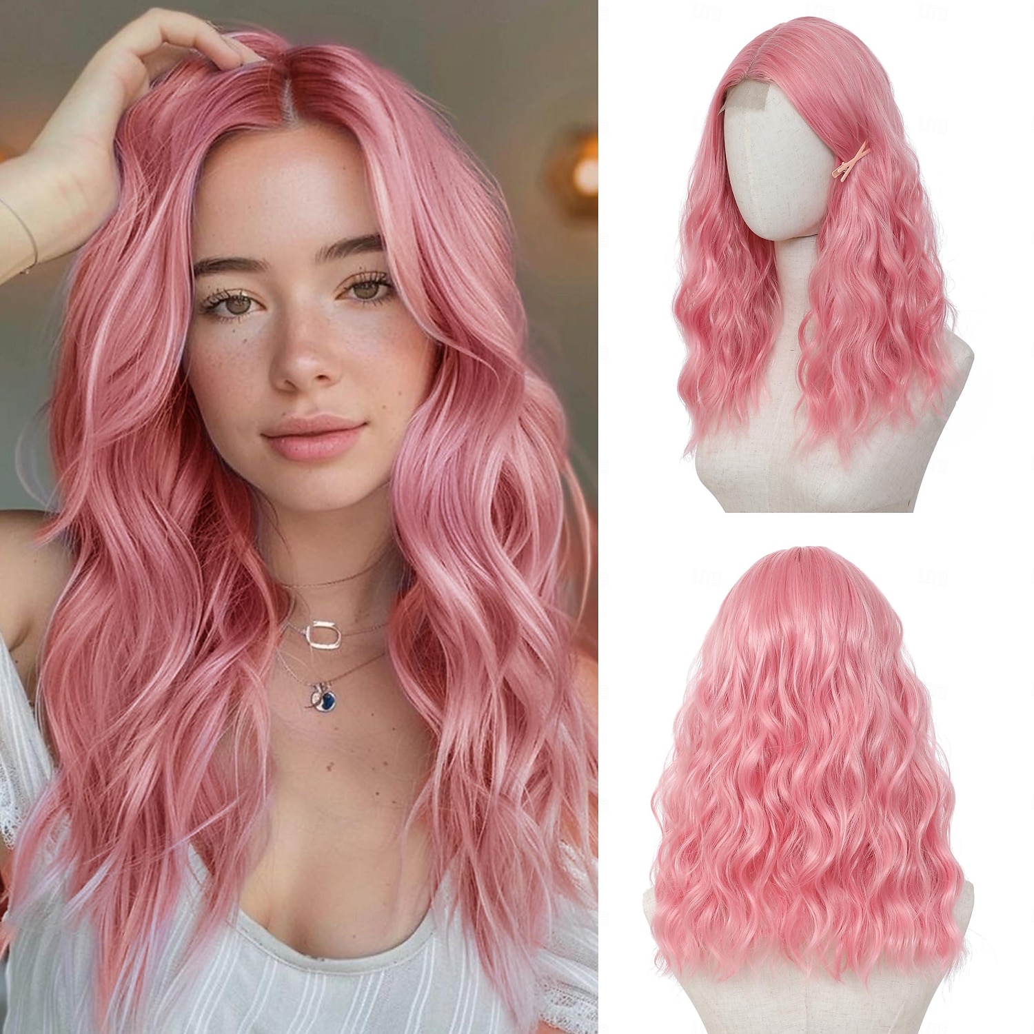 parrucca parrucche di media lunghezza per donna riga in mezzo capelli sintetici parrucca ondulata con ciocche migliorate parrucca di capelli naturali per uso quotidiano per feste/carnevale del 2025 a $19.49 –P1