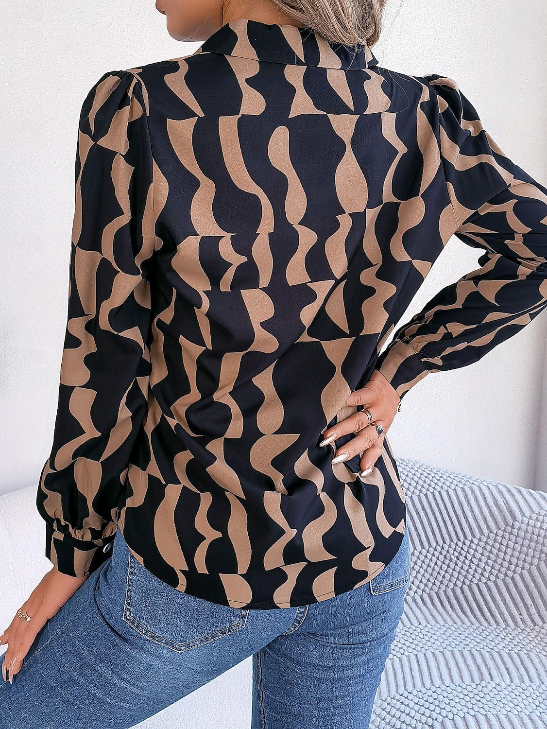 Dame Skjorte Bluse Fargeblokk Stilfull Moderne Langermet Skjortekrage Arbeid Knapper Svart Brun Kakifarget Vår Høst 2025 - $29.99 –P10