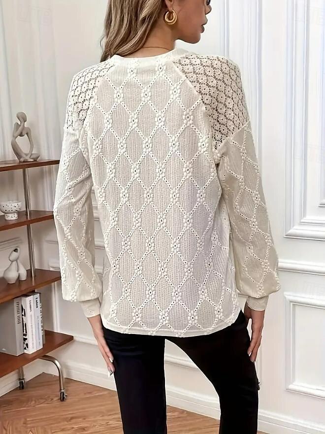 Damen Bluse Elegant Spitze Öse Langarm Rundhals Alltag Beige Sommer 2025 - $29.99 –P4