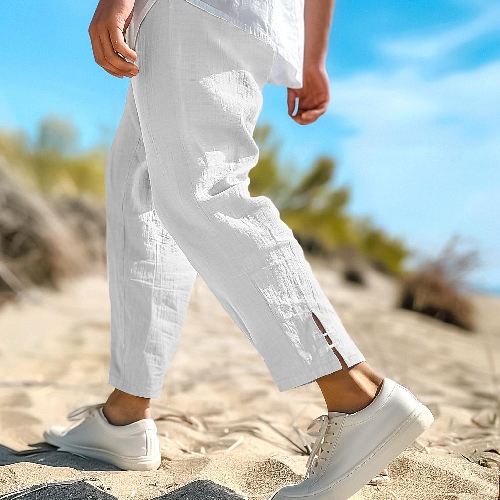 Férfi Vászon nadrág Nyári nadrág Háromnegyedes nadrágok Strand nadrág Zsinór Rugalmas derék Sima Mokaszinok Légáteresztő Borjú-hossz Hétköznapi Napi Szabadság Divat Klasszikus stílus Fekete Fehér 2025 - $27.99 –P1