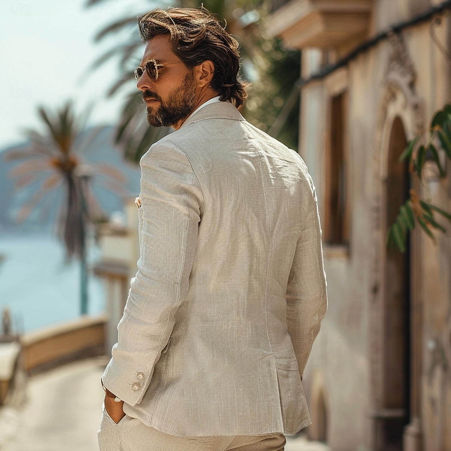 Herr Kavajjacka Bröllop Fest Ledigt Elegant Semester Sommar Vår Linne Ensfärgat Enkelknäppt med Två Knapphål Blazer Blå Beige 2025 - $55.99 –P3