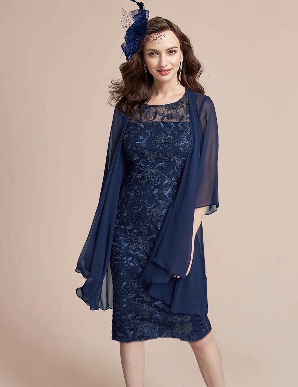 Abito a due pezzi madre della sposa abito elegante scollatura a gioiello lunghezza ginocchio pizzo chiffon elasticizzato maniche 3/4 giacca inclusa abito con pizzo 2025 taglia personalizzata gratuita del 2025 a $183.99 –P1