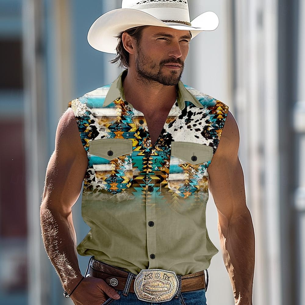 Homme Imprimé du Sud-Ouest Chemise Chemise Western Chemise de cow-boy Sans manches Style Western Extérieur Travail Décontracté Été Printemps Col de chemise Bleu Vert Kaki de 2026 ? $29.99 –P2