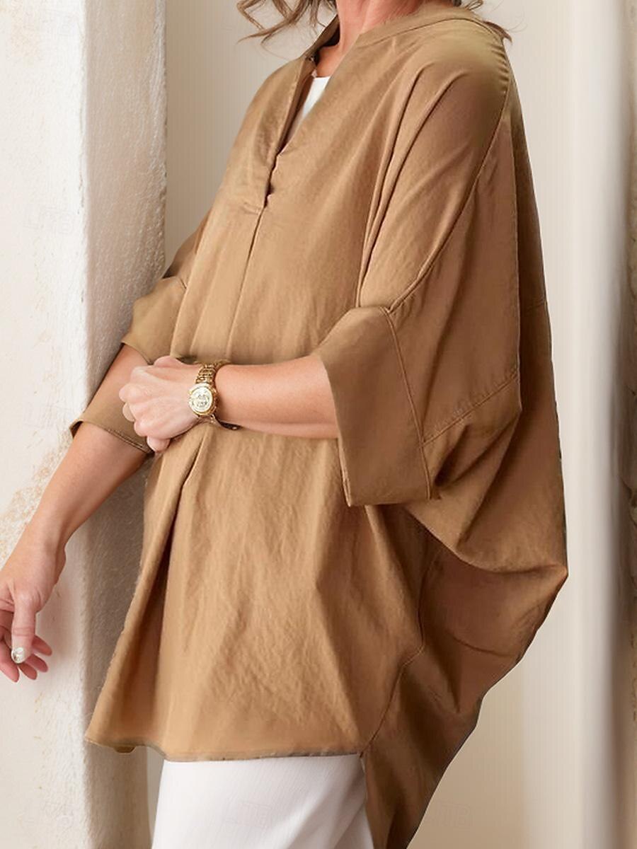 damebluse elegant stilig ensfarget rynket flaggermus-erm 3/4 lengde erme med hakk i halsen arbeid daglig hvit marineblå brun brun grønn sommer vår høst 2025 - $26.99 –P2