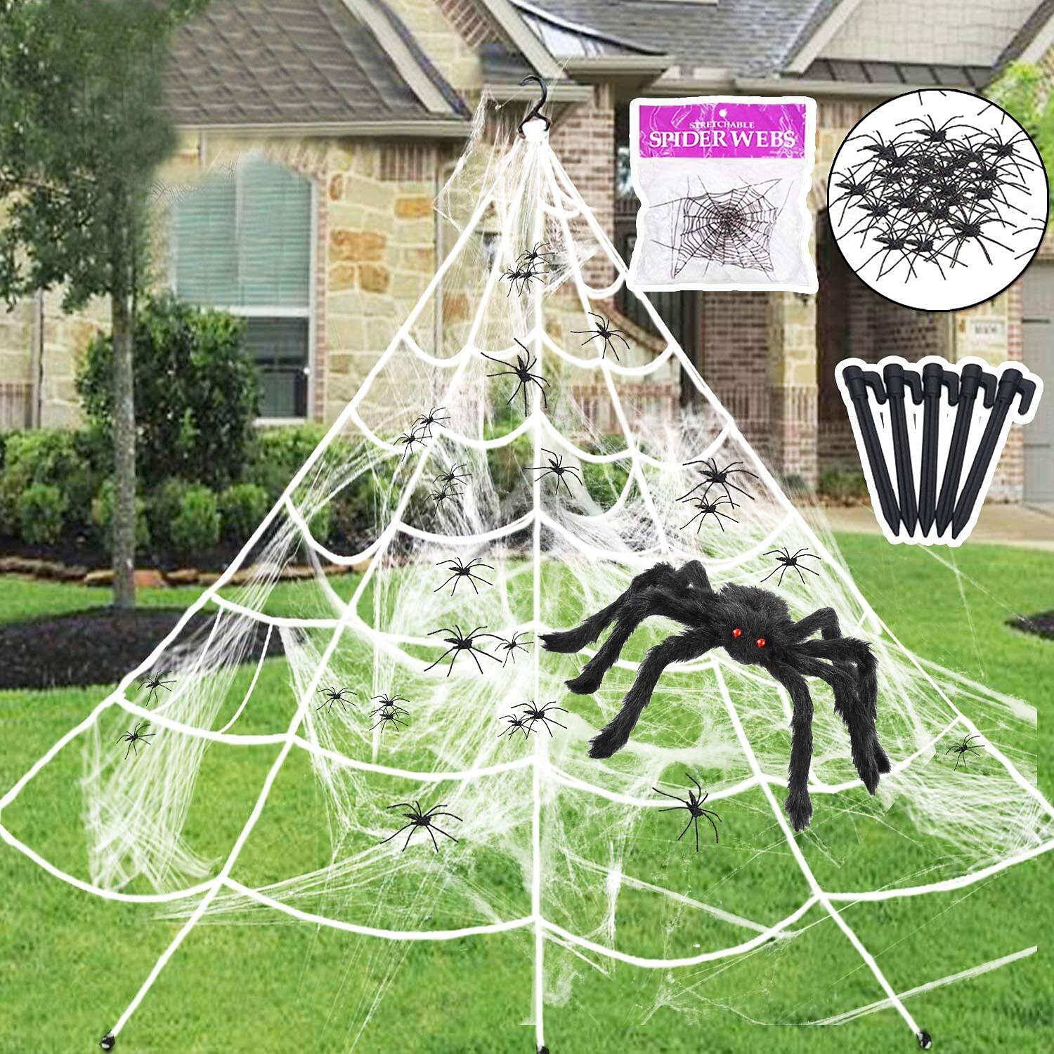 ragnatela di halloween + decorazioni ragno ragno finto con enorme ragnatela triangolare per decorazioni di halloween per interni ed esterni cortile costumi per la casa feste decorazioni per la casa del 2025 a $22.99 –P1