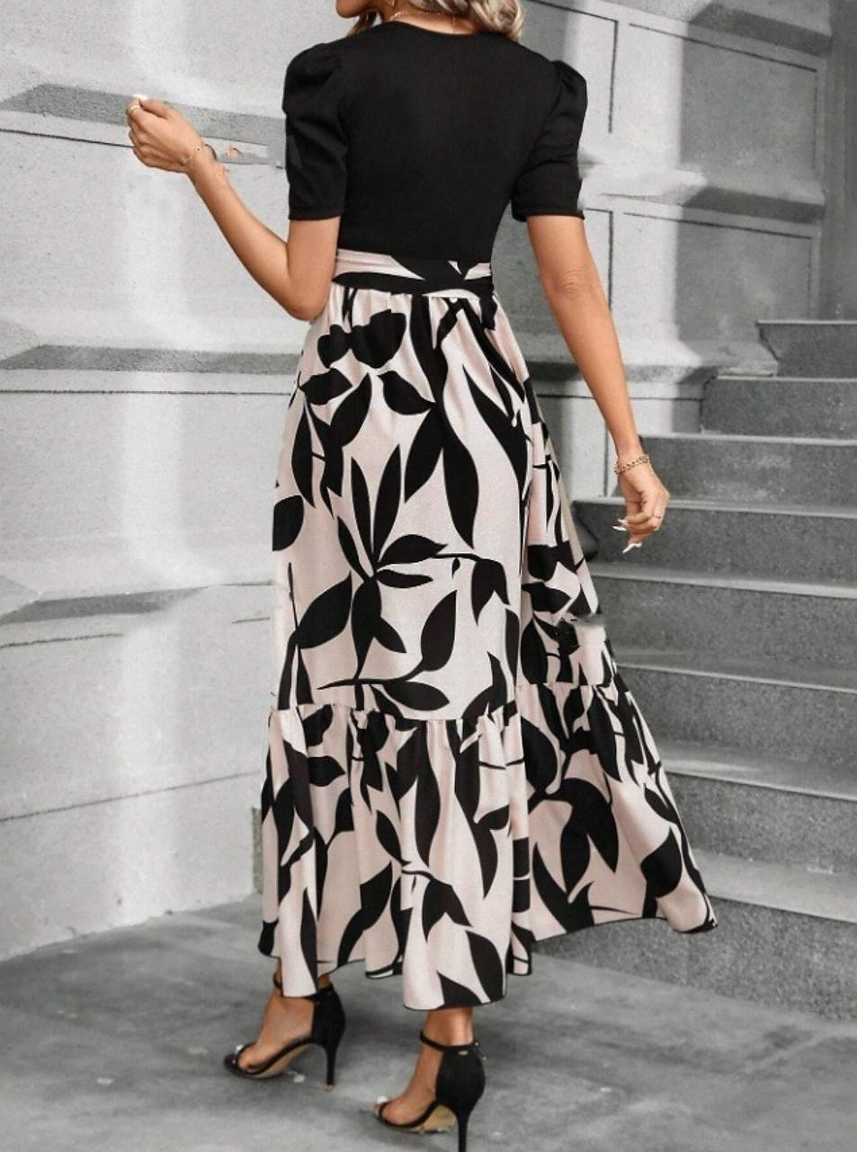 Damen Maxidress A Linie Kleid Elegant Stilvoll Arbeit Täglich Regular Fit Farbblock Kurzarm Rundhalsausschnitt Schwarz Sommer 2025 - $39.99 -P3