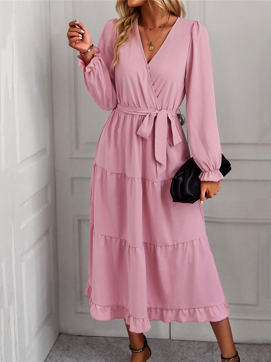 Damen Casual kleid Maxidress mit Schnürung Rüsche Verabredung Urlaub Elegant Strassenmode V Ausschnitt Langarm Schwarz Rosa Dunkelgrün Farbe 2025 - $39.99 –P2