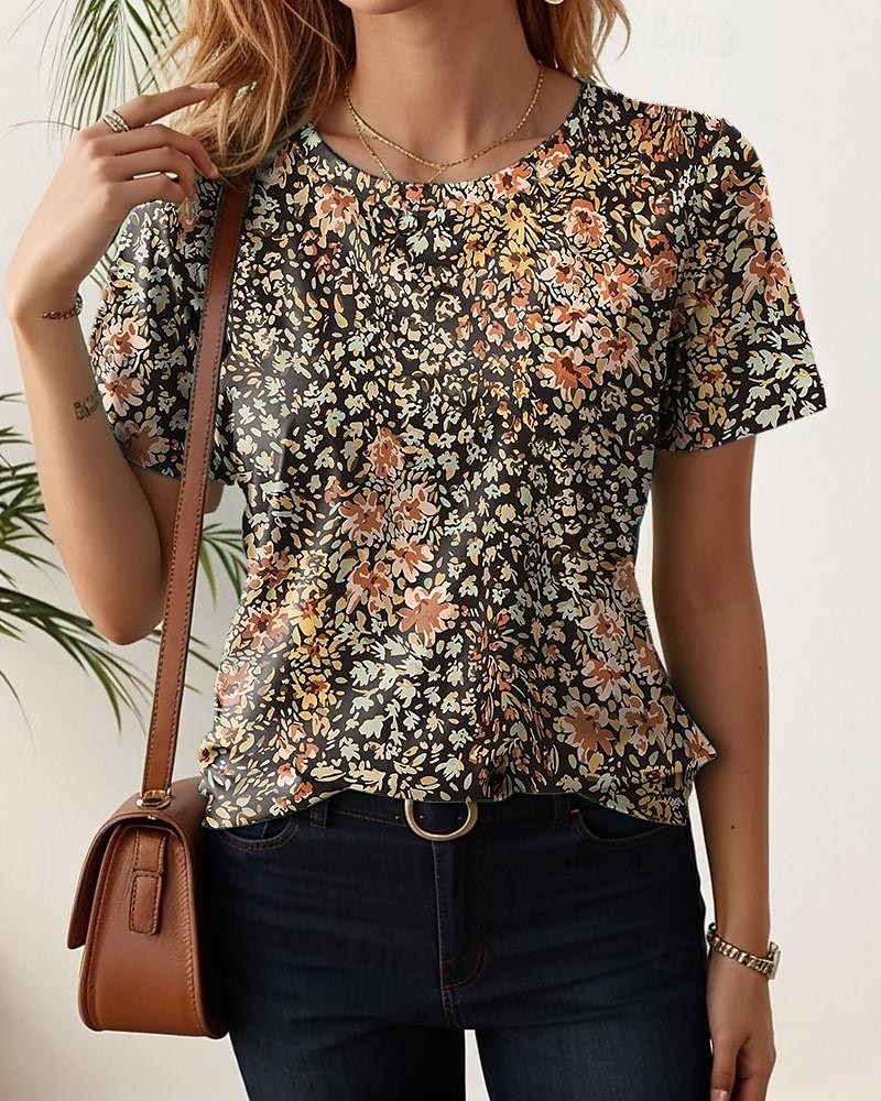 Dame T skjorte Blomstret Stilfull Fritid Kortermet Crew-hals Vanlige topper Daglig Trykt mønster Kakifarget Sommer 2025 - $19.99 –P1