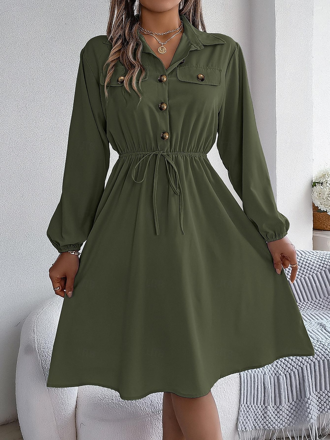 Damen Arbeitskleidung A Linie Kleid Modisch Täglich Arbeitsmode Bischof Midikleid Gefaltet Taste Hemdkragen Langarm Glatt Regular Fit Schwarz Wein Khaki Frühling Herbst S M L XL 2025 - $28.99 –P1
