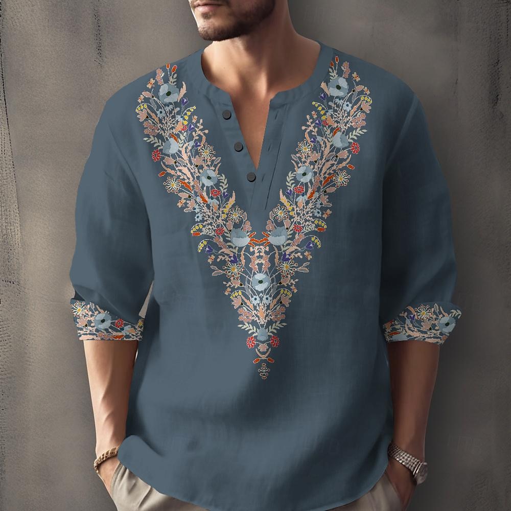 Men's Ethnic Shirt Button Up Shirt Henley Shirt Long Sleeve Casual Tribal Vacation Daily Summer Spring Fall Collarless V Neck Print Black White Blue Orange 2025 - $26.99 –P4
