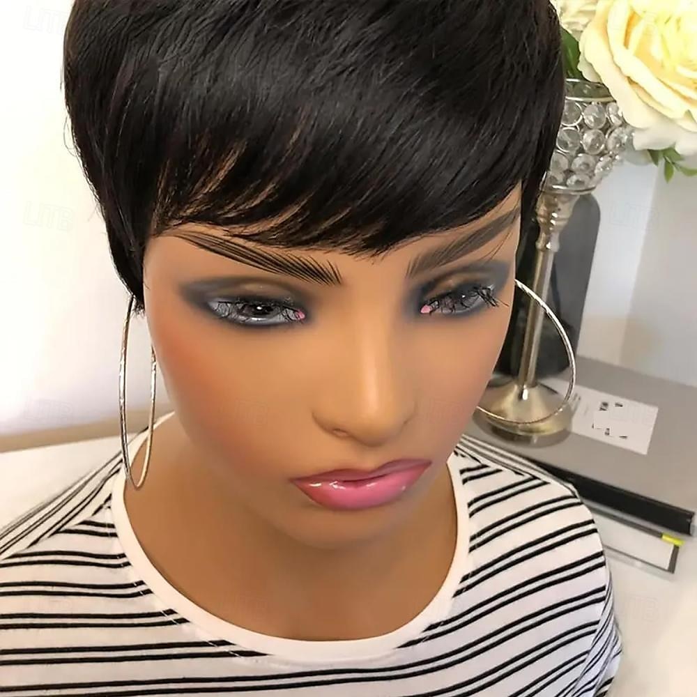 Pixie Cut Wig Human Hair Wigs For Black Women Short Human Hair Wigs with Bangs Pixie Cut Short Straight Black Wigs Full Machine Made Glueless Wigs 2025 - $44.99 –P3