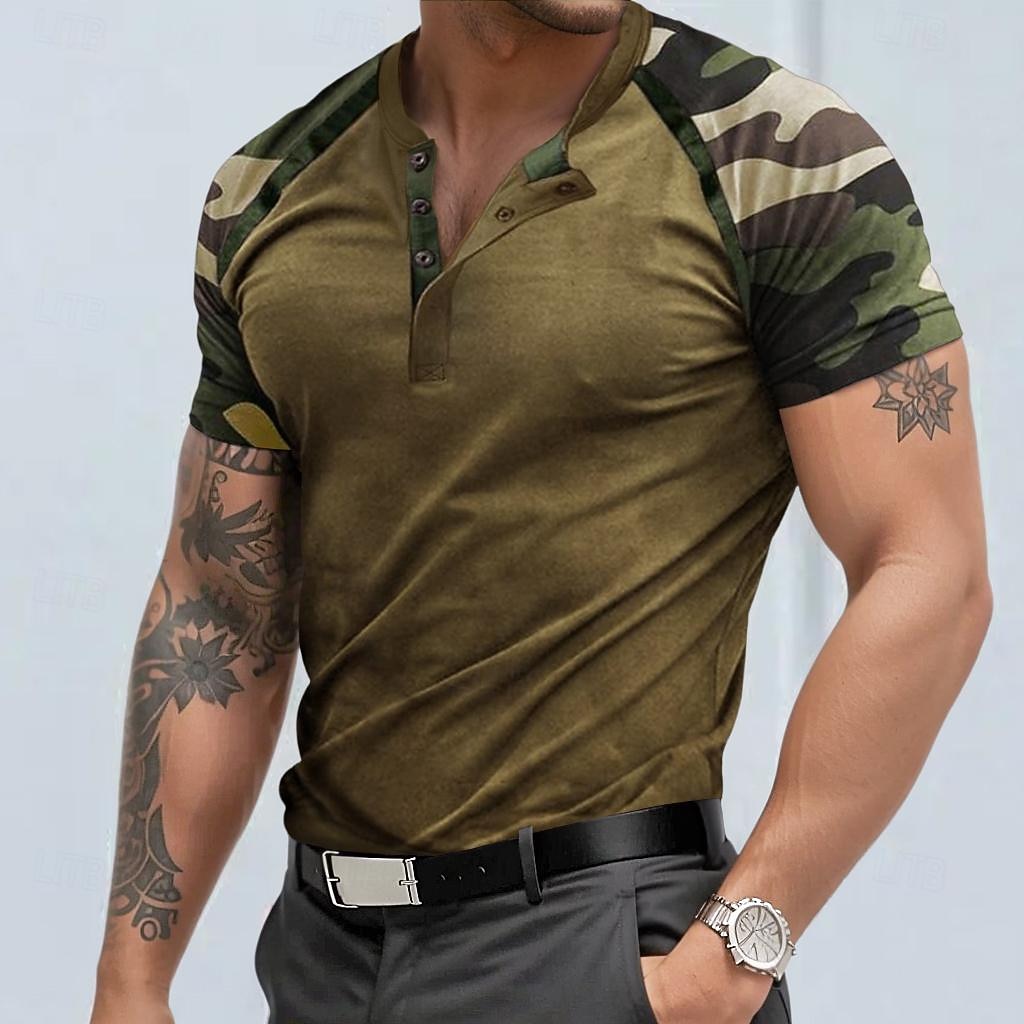 Men's Henley Shirt Tee Top Short Sleeve Color Block Camo / Camouflage Fashion Designer Comfortable Buttons Henley Casual Daily Outdoor Summer Grey Henley T-Shirt 2026 - $21.99 –P5