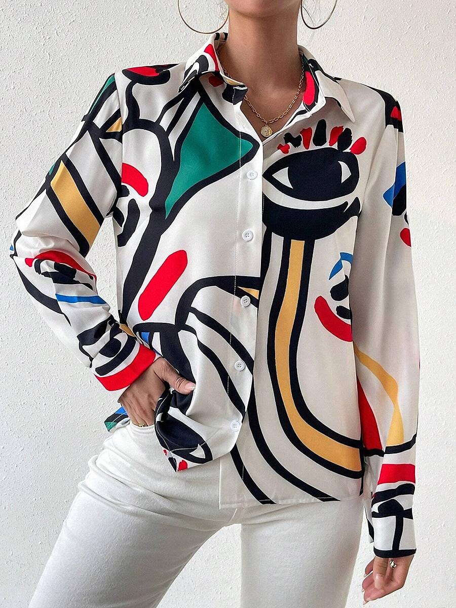 dames overhemd stijlvol modern geometrisch abstract knopen print lange mouw normaal tops overhemd kraag werk wit lente herfst 2025 - $34.99 –P3