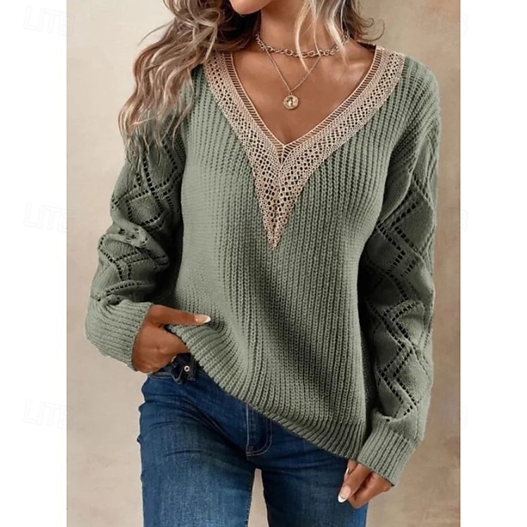 Pentru femei Pulover pulover Elegant Culoare solidă Striat În V Dantelă Manșon Lung Topuri obișnuite Tricotat Zilnic Negru Alb Primăvară Toamnă 2025 - $41.99 –P3