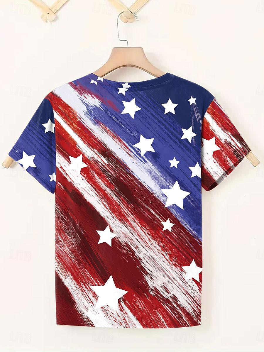 T-shirt patriotique pour femmes impression décontractée à manches courtes hauts réguliers col en V quotidien rouge  bleu été de 2025 ? $19.99 –P2