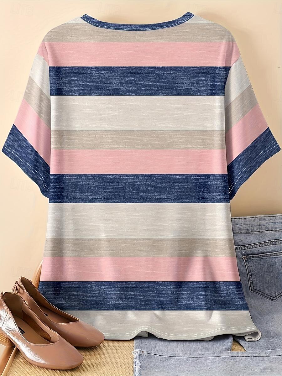 Women's T Shirt Basic Casual Color Block Striped Print Short Sleeve Regular Tops V Neck Daily Weekend Pink Summer 2025 - $19.99 –P2