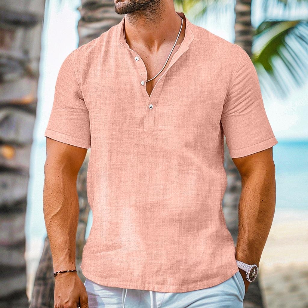 Per uomo Camicia camicia di lino Camicia con colletto a fascia Camicia popover Camicia estiva Abbigliamento mare Liscio Da mare Curise Nero Bianco Rosa Verde Manica corta Henley Estate Abbigliamento del 2025 a $22.99 –P1