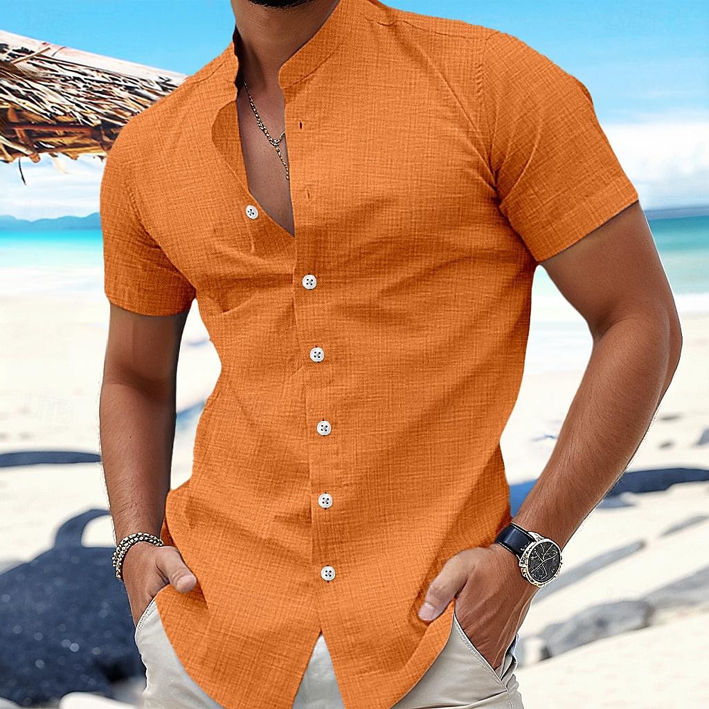 Per uomo Camicia Camicia di lino Camicia Estiva Abbigliamento da spiaggia Camicia con colletto alla coreana Camicia con Bottoni Semplice Vacanza Crociera Nero Bianco Blu Arancione Manica Corta del 2026 a $8.49 –P9