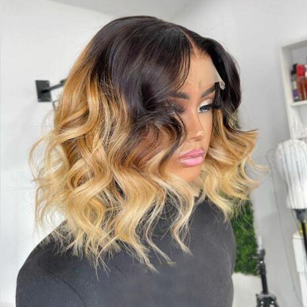 Cabelo virgem não processado 13x4 Lace Front Peruca Bob curto Cabelo Brasileiro Ondulado Multi Cores Peruca 130% 150% Densidade do Cabelo Cabelo Ombre Riscas Naturais 100% Virgem Sem cola Pré-depenado de 2025 por $213.19 –P2