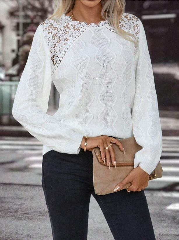 Women's Sweater Elegant Solid Color Waffle Crew Neck Lace Long Sleeve Regular Tops Knit Daily White Spring Fall 2025 - $54.99 –P4