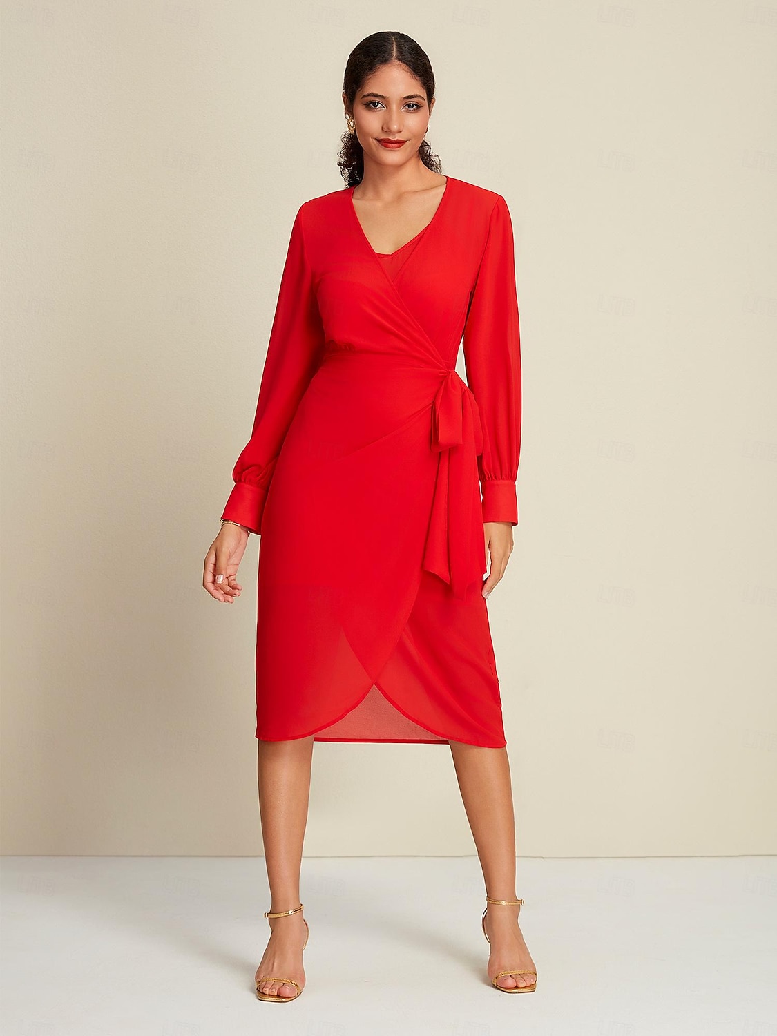 فستان شيفون أحمر سادة لحفلات الزفاف/حفلات الضيوف برباط أمامي ملفوف بأكمام طويلة طقم فستان لإبهار 2024 2025 - $97.99 –P9