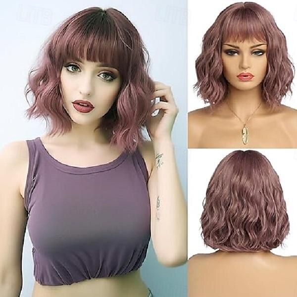 perruques courtes pour femmes perruque bob ondulée avec frange cheveux synthétiques de longueur moyenne vague d'eau racines foncées perruque carnaval cosplay perruques de fête de 2025 ? $18.49 –P2