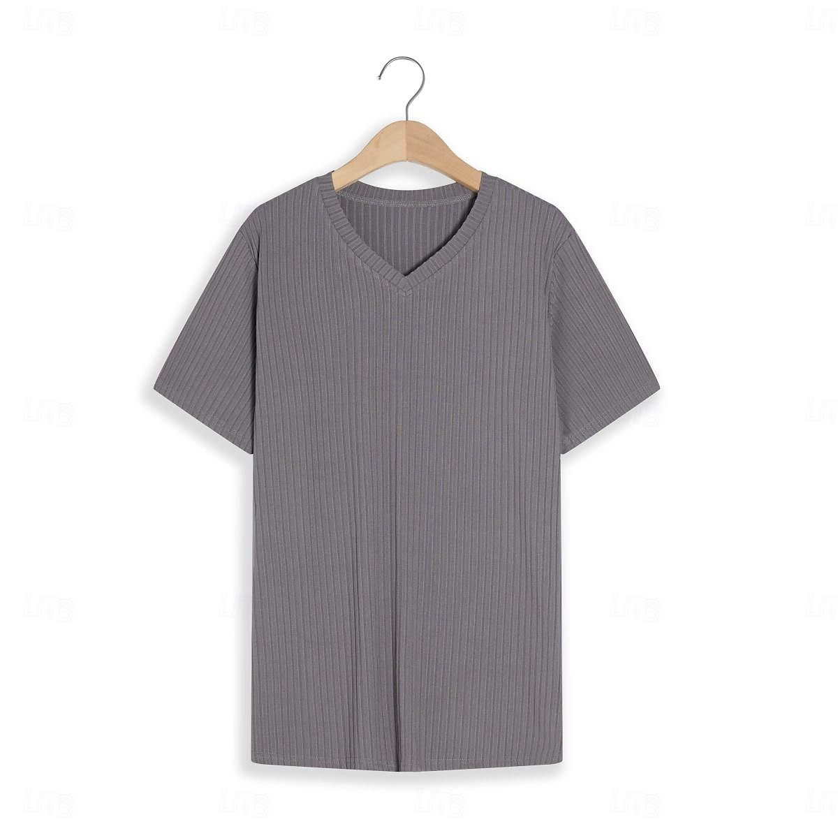 Herren T Shirt Geripptes Strick-T-Shirt T-Shirt Kurze Ärmel V Ausschnitt Sommer Einfach Grubenstreifen Mode Designer Basic Knöpfe Urlaub Straße Ausgehen Schwarz Weiß Marinenblau Top T-Shirt für Herren 2025 - $17.99 –P5