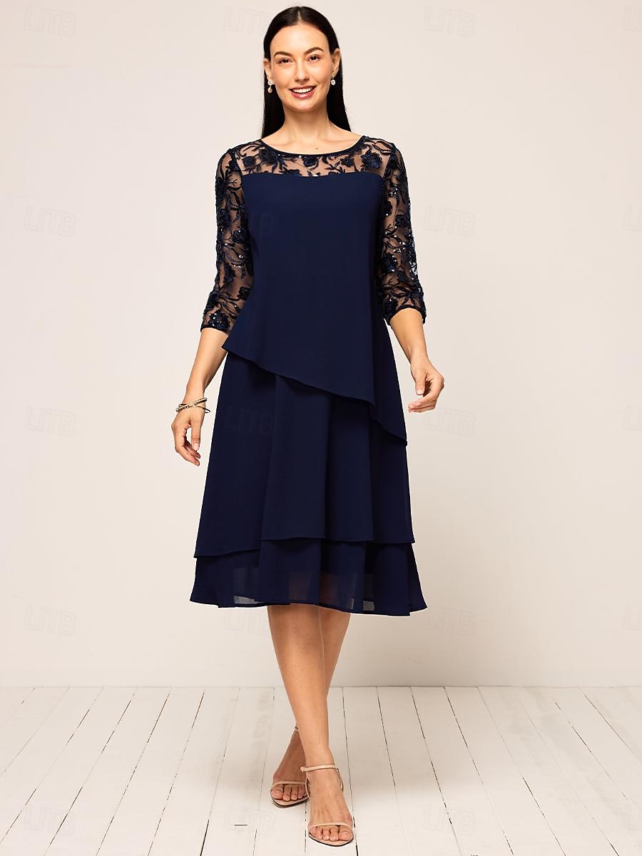 Damen Dunkelmarine Sommer Frühling Midikleid A Linie Kleid Elegant Hochzeitsgast Cocktailparty Lässiger Schnitt Einfach Rundhalsausschnitt 2025 - $69.99 –P1